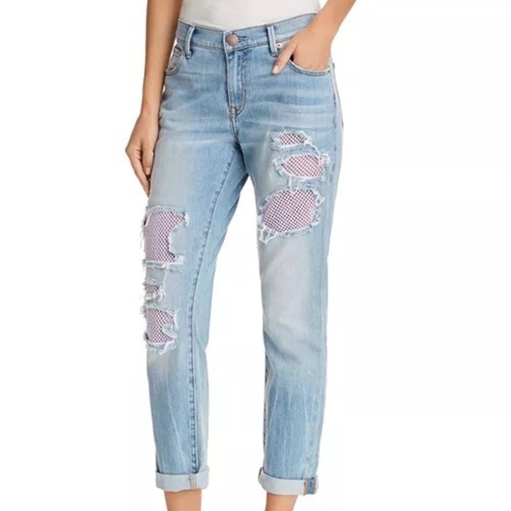True Religion‎ Cameron Slim Boyfriend Jeans Distressed Purple Mesh Denim Size 24